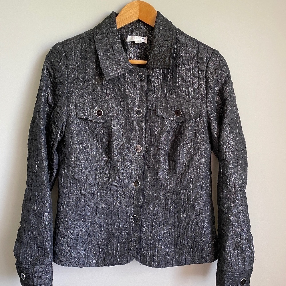 Erin by Erin‎ London Women's Button Up Black Metallic Crinkled Look Jacket Small